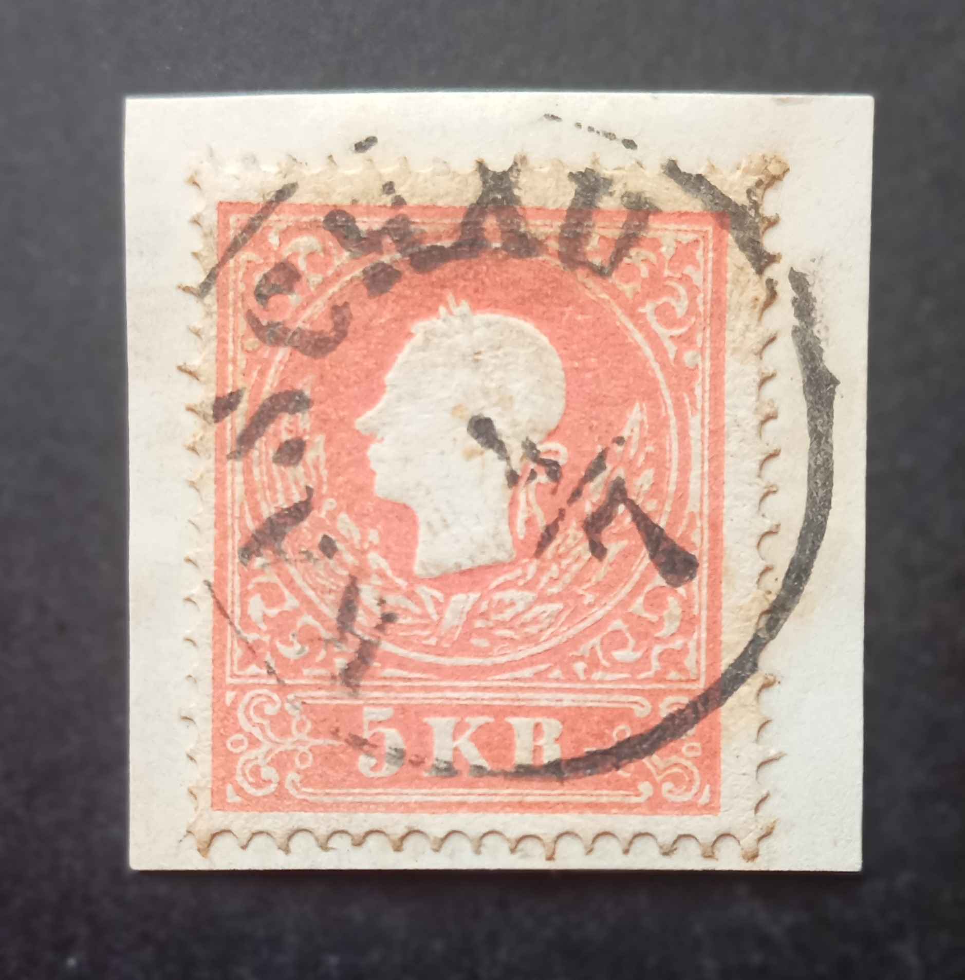 Magyarország 1858 Könyvnyomat 5 Kr KASCHAU kivágáson D