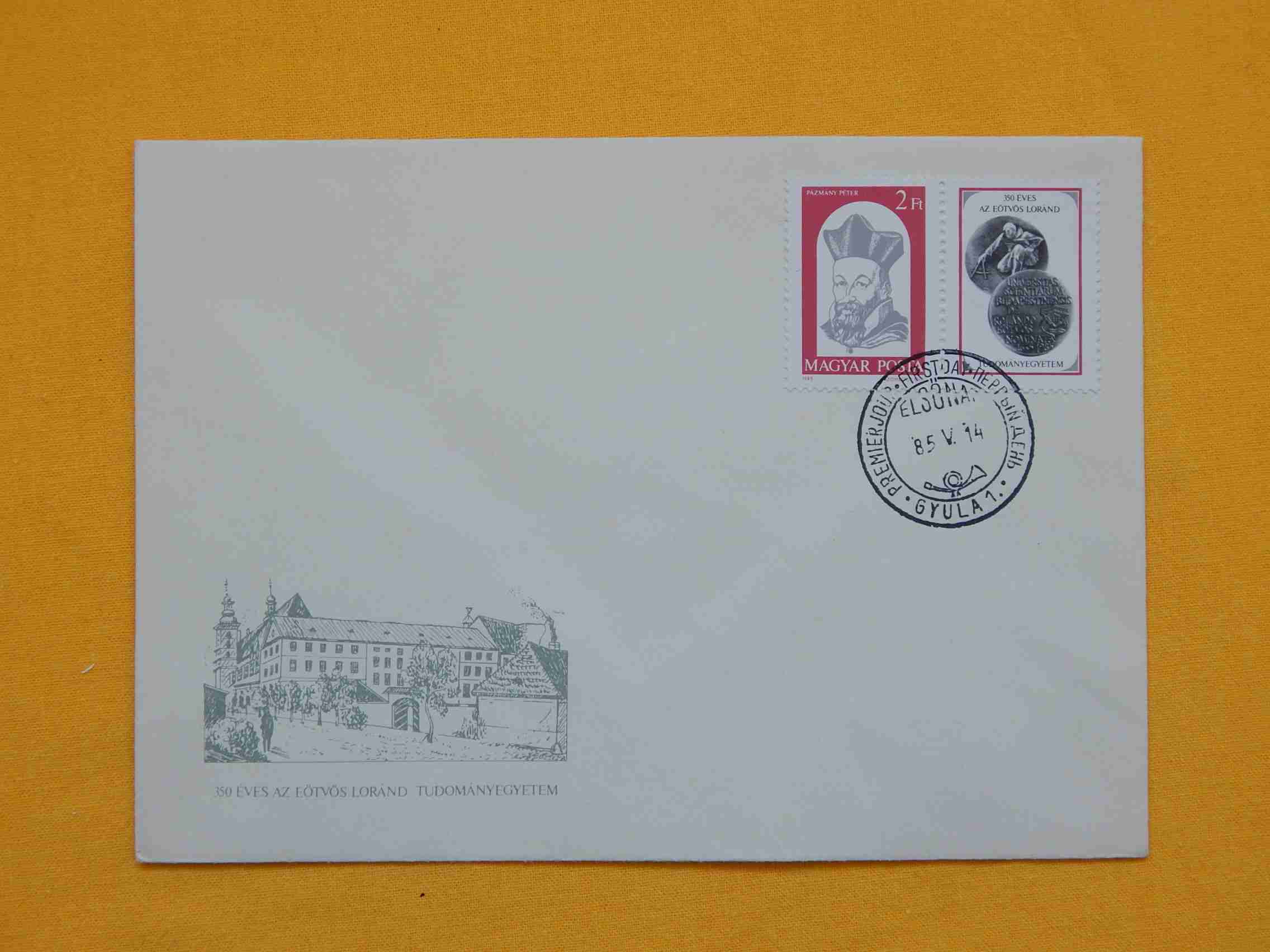 FDC 1985. Pázmány Péter, 150 éves az Eötvös Loránd Tudomány Egyetem, szelvényes bélyeggel
