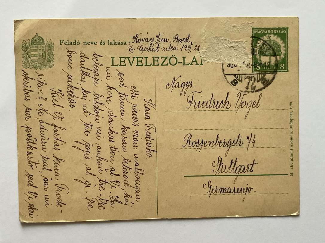 1930 Eszperantó dijjegyes levelezőlap 8f Budapest Stuttgart ritka