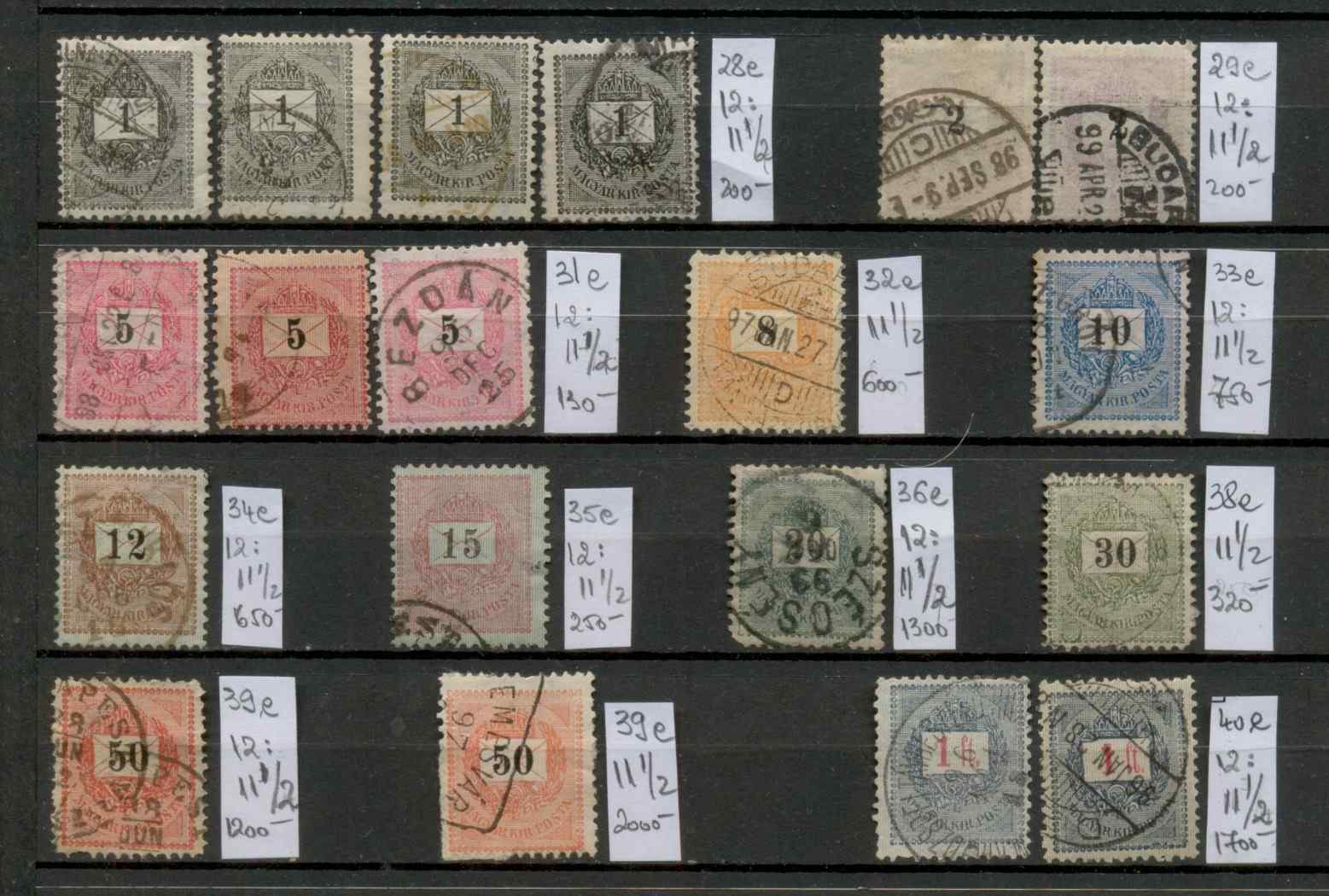 1888-1899 Feketeszámú krajcáros bélyegek (14 db) fogazat- és kat. szám jegyzetekkel