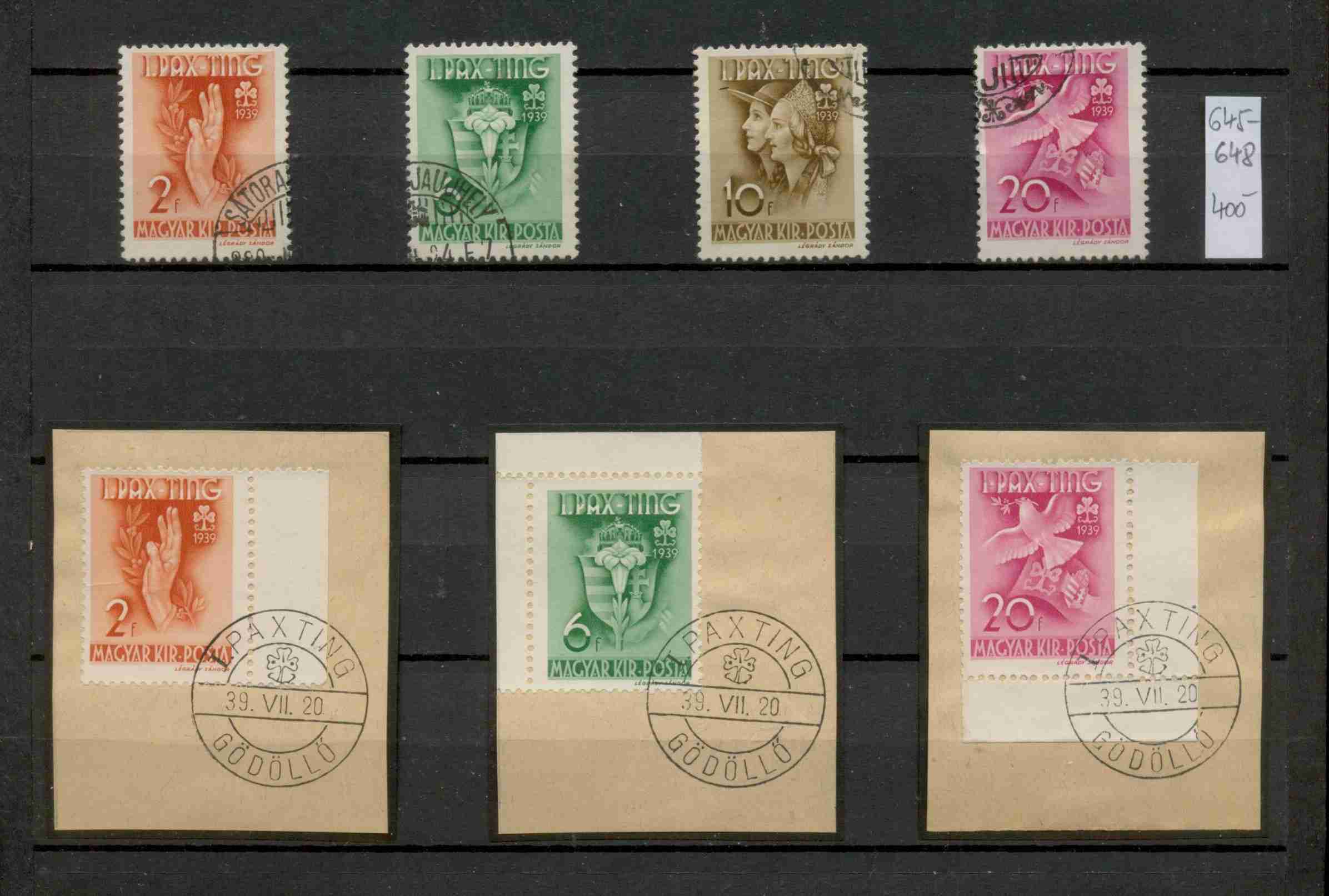 M111 - 1939. Pax-Ting teljes sor pecsételve + 3 db alkalmi bélyegzéses borítékkivágás