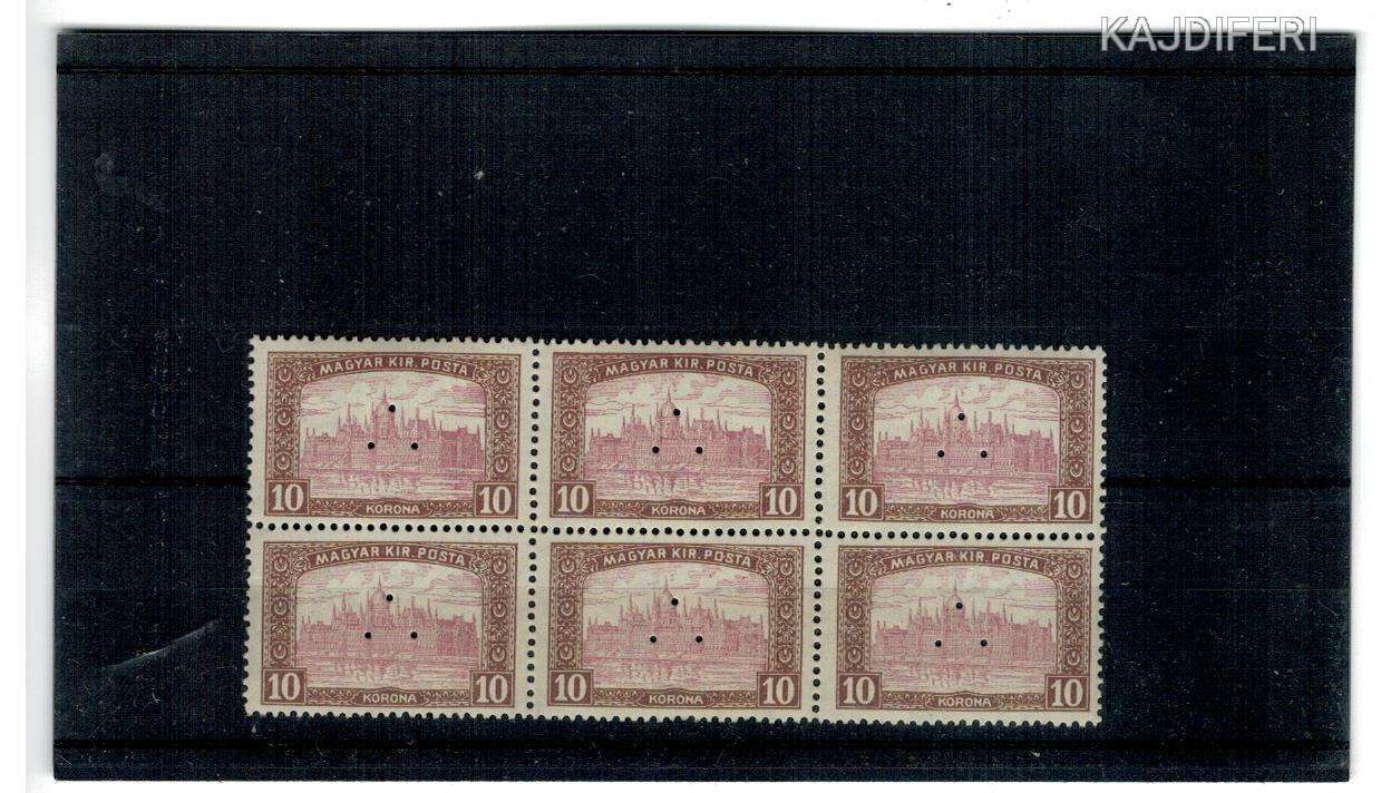 postatiszta 1916 parlament 10 koronás záróérték hármas lyukasztással 6 tömbbe