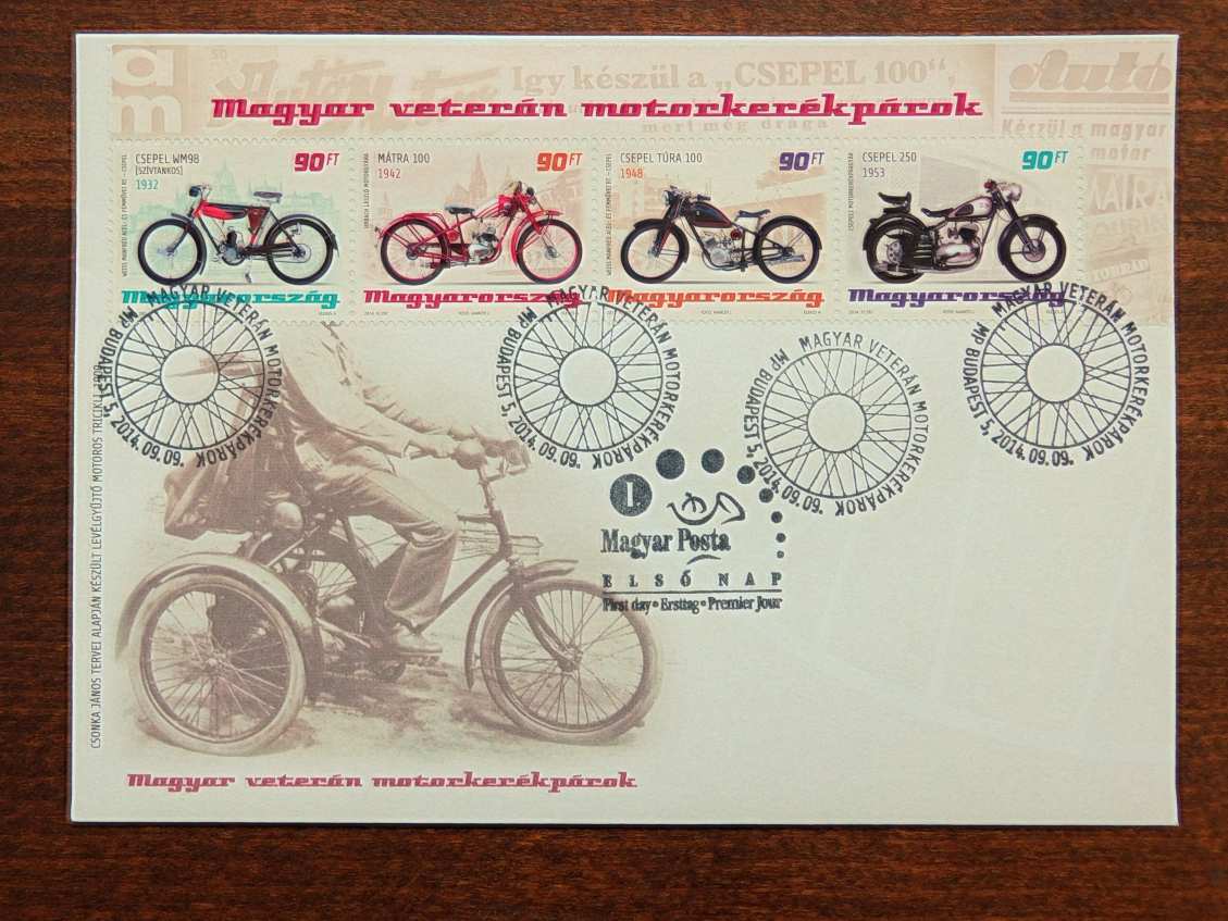 3db FDC 2014 Magyar veterán motorkerékpárok - a blokk összes bélyegével