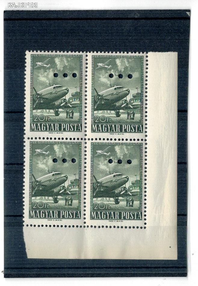 1950 repülő záróérték  hármas lyukasztással  négyestömbbe  postatiszta