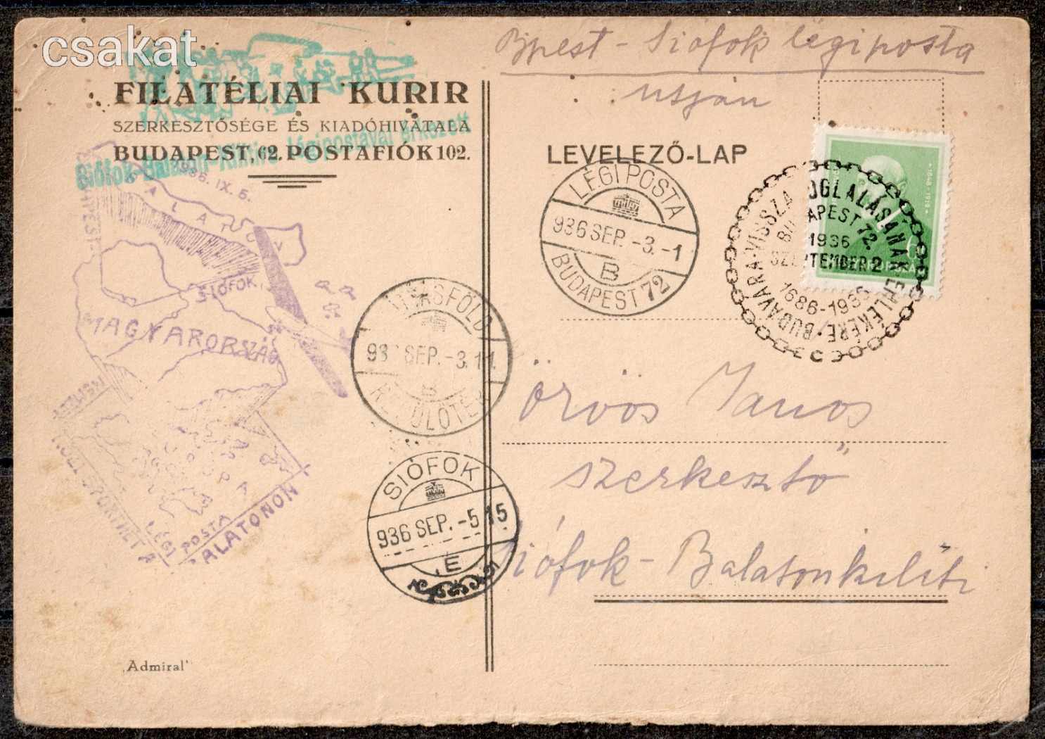 1936 Siófok - Budapest légiposta alkalmi levelezési lap + bélyegzés / Mátyásföld / Balaton (d38)