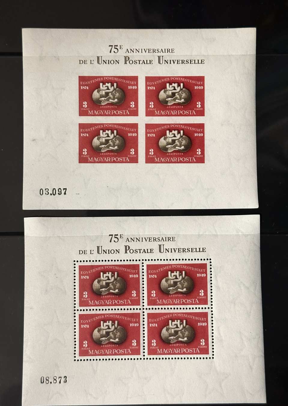 MAGYARORSZÁG 1950 UPU POSTATISZTA PERFORÁLT ÉS VÁGOTT BLOKK PÁR LUXUS