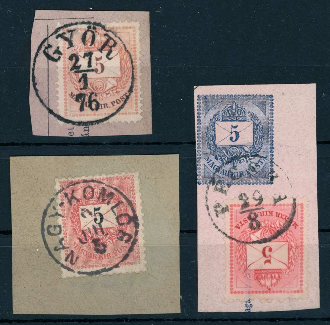 1874 - 1889 krajcáros bélyegzések GYŐR + NAGY-KOMLÓS + PÉCSKA - Gudlin 85 pont (e79)