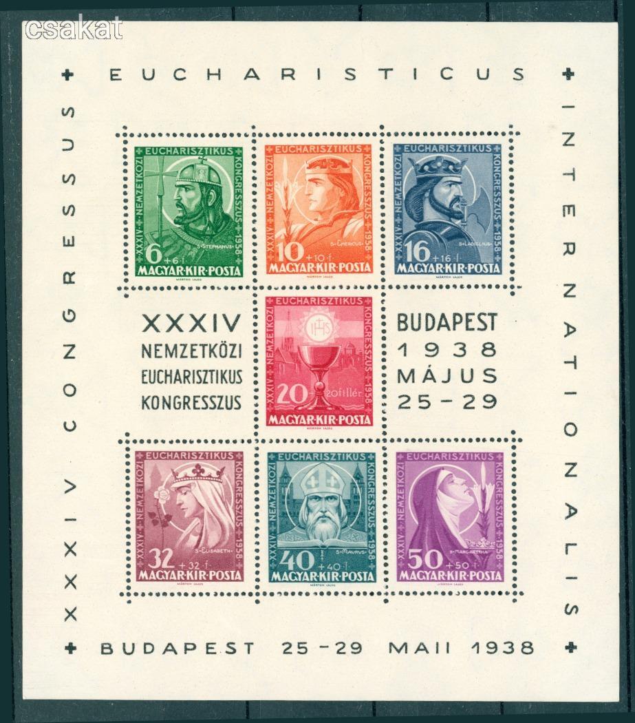 1938 eucharisztikus blokk postatiszta leiras MPIK 10.000 Ft (e05)