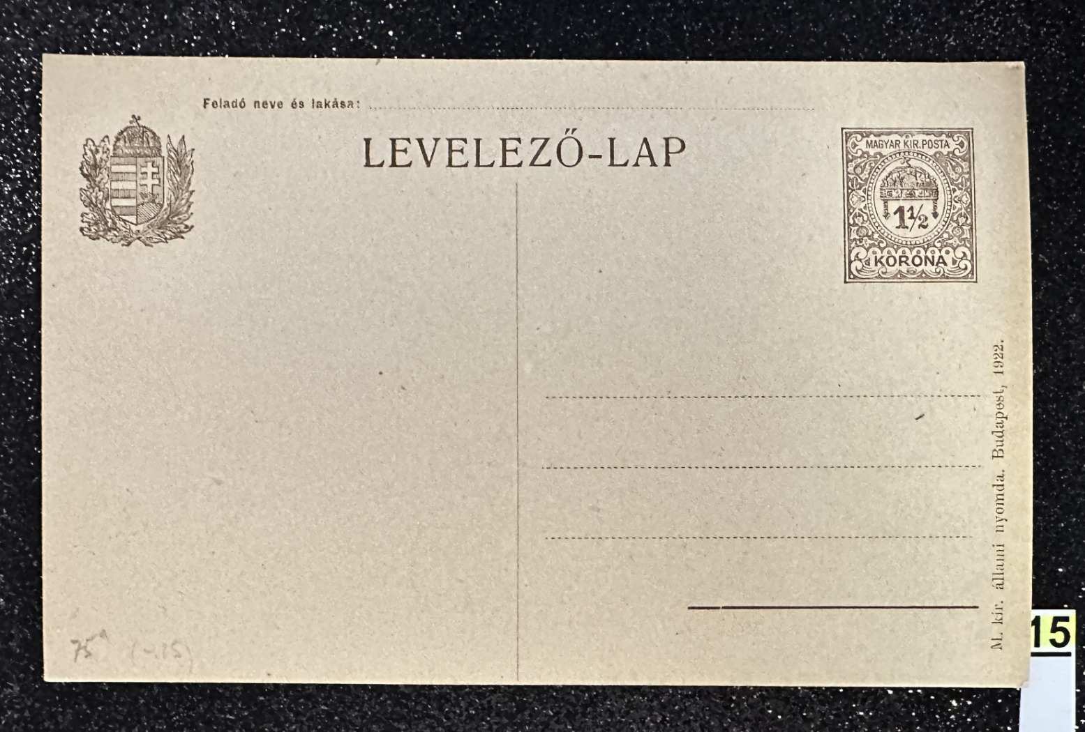 1922 LEVELEZŐ LAP 1 2/2 KORONA POSTATISZTA**