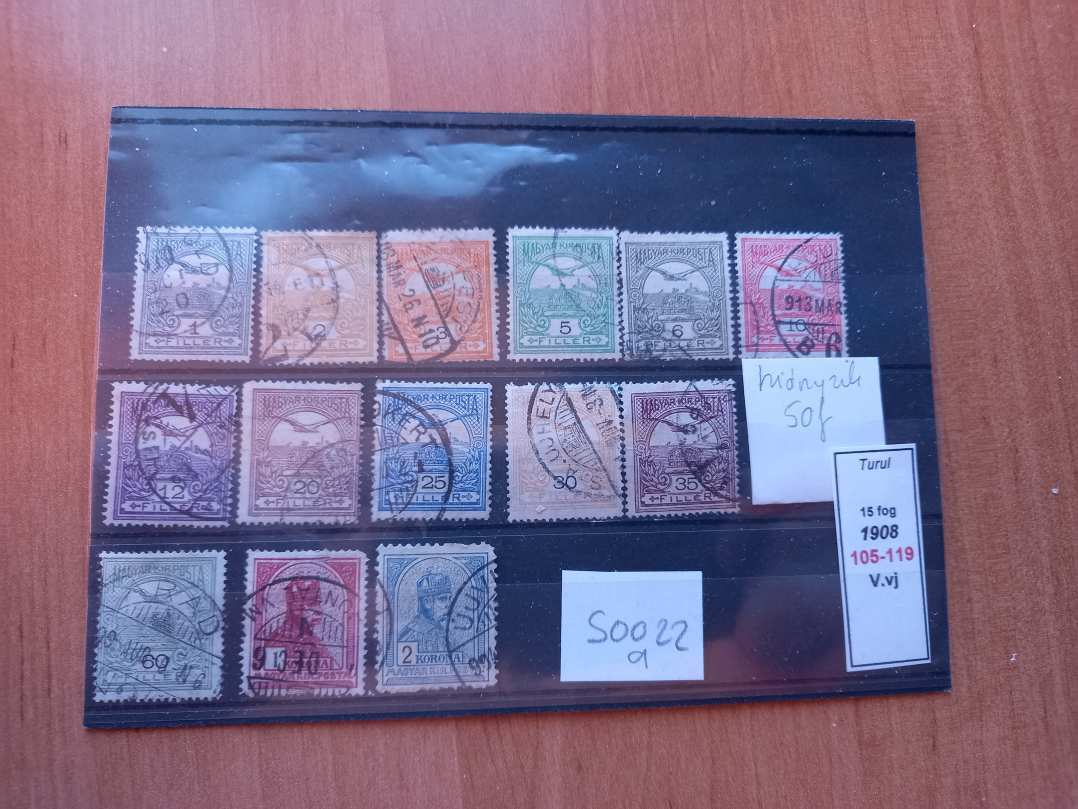 S0022a Magyar turul 1908 V.vj 105-119 futott sorok (Hiányzik 50 fillér 116) kat.ár 9500 HUF