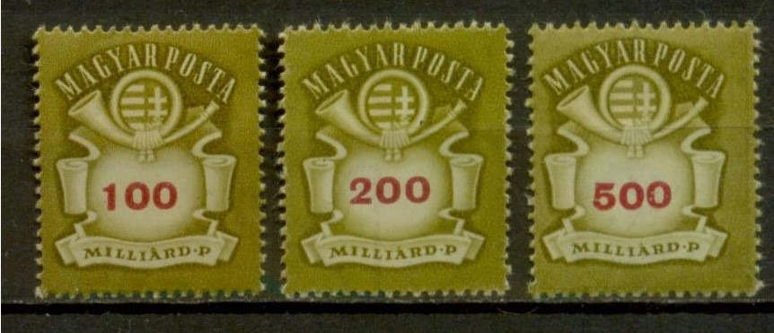 M345-1946 Milliárdos postatiszta magyar bélyeg sor (100, 200, 500 Milliárd P)