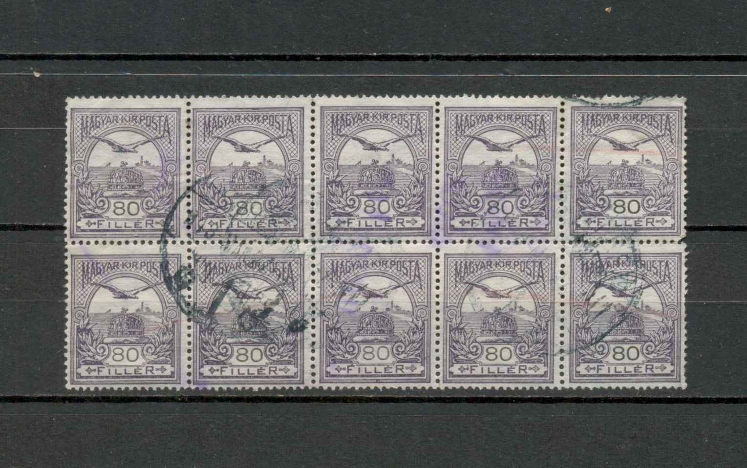M13 - 1913 Turul 80 fillér 10-es tömb (2x5), használt, VII. vízjel, MBK 155