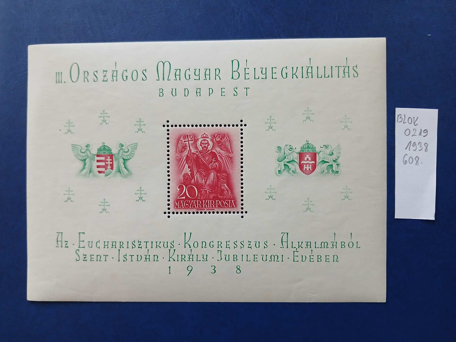 BLOK0219 Magyar bélyeg blokk ORBÉK 1938 608 pecsételt kat.ér