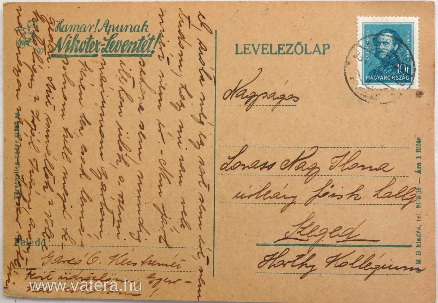 Nikotex reklám levelezőlap.
