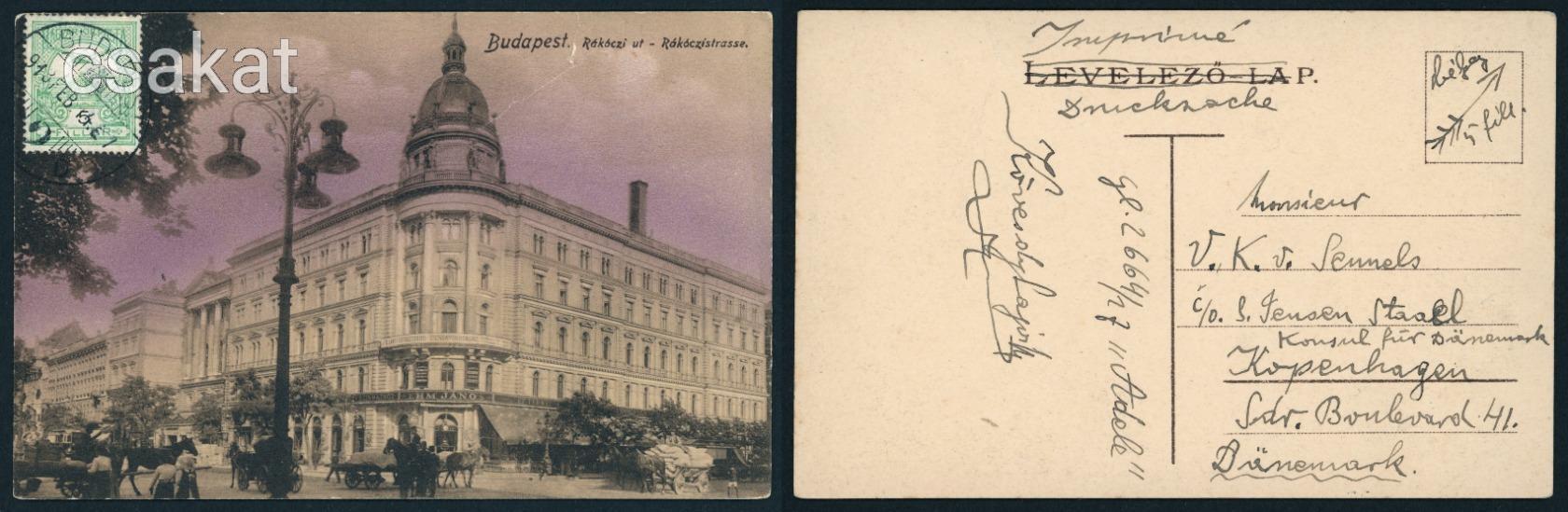 1913 turul Dániába nyomtatványként küldött tarifahelyes levelezőlap TCV - jobb destináció (e36)