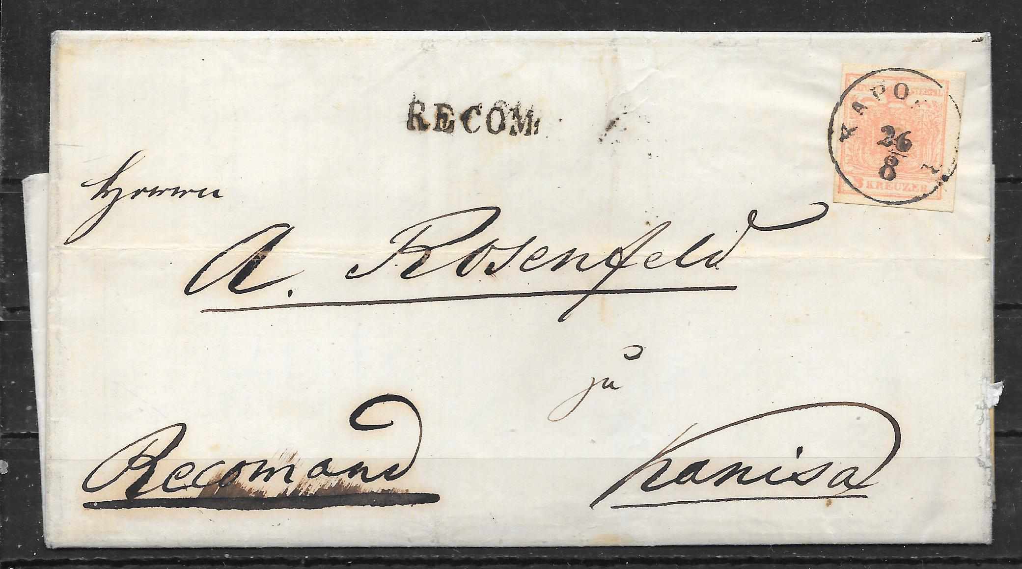 1858.8.26. 3 kr + 6  kr   bérment ajánlott levél KAPOSVÁR-NAGYKANIZSA