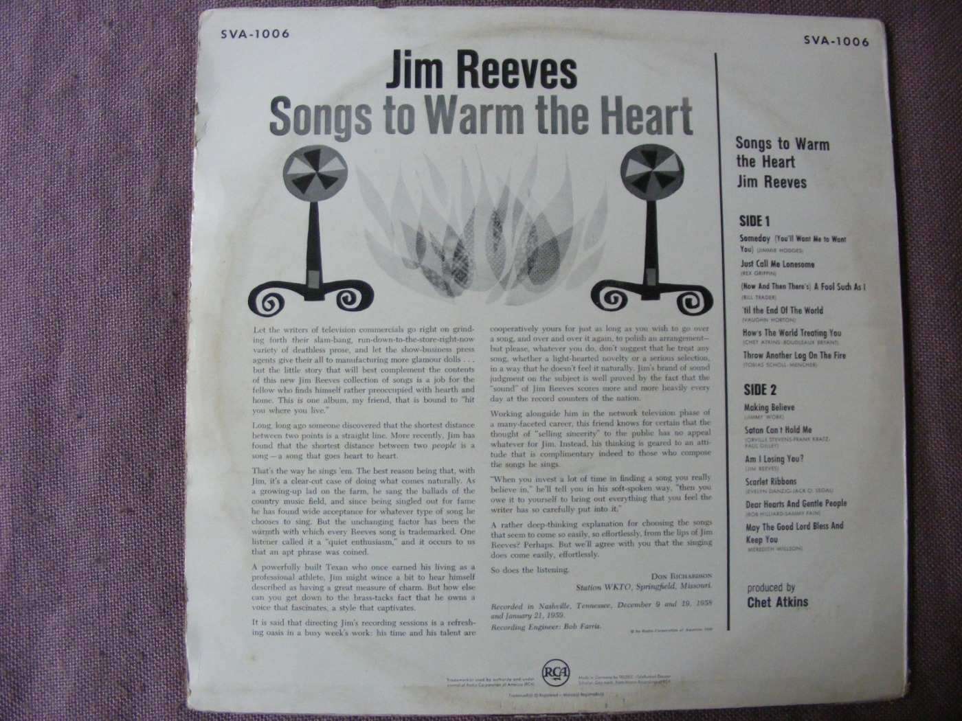 JIM REEVES Songs To Warm The Heart Country RCA-VICTOR Germany VG+ LP
