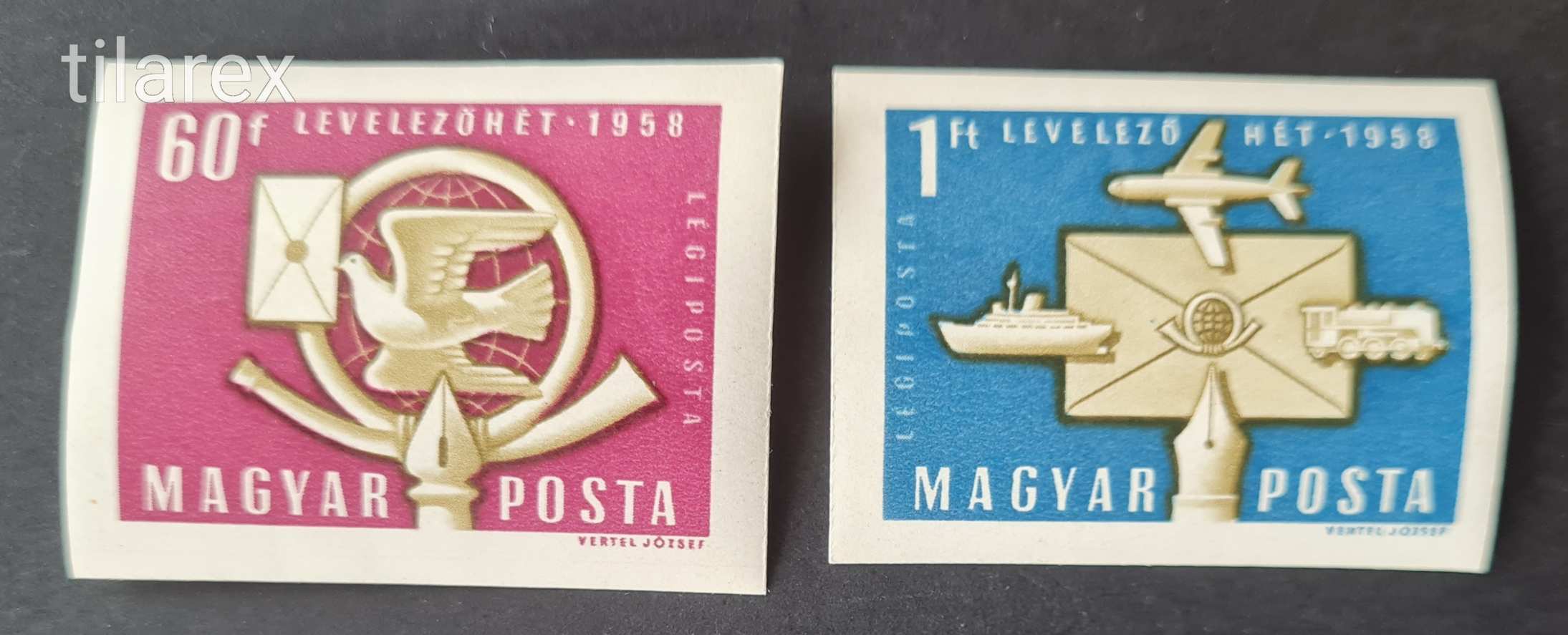 Magyar vágott bélyeg 1958 Levelező Hét I L MPIK 1619-20 repülő madár vonat hajó