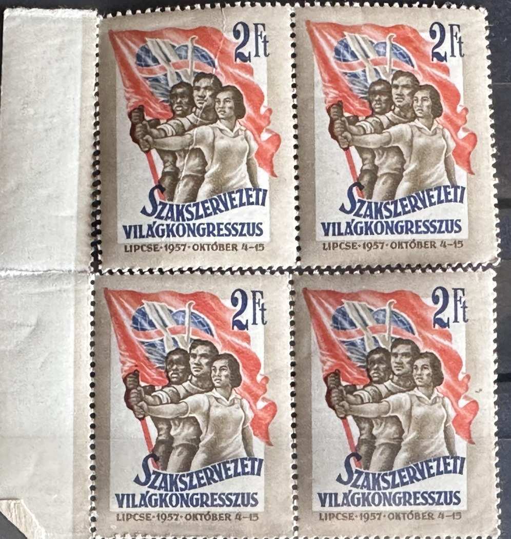 1957 SZAKSZERVEZETI VILÁGKONGRESSZUS PROPAGANDA BÉLYEG 4-ES TÖMB POSTATISZTA