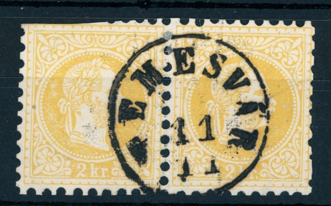 1867 2kr pár TEMESVÁR bélyegzéssel a bal oldai bélyeg ollóval vágva (e59)