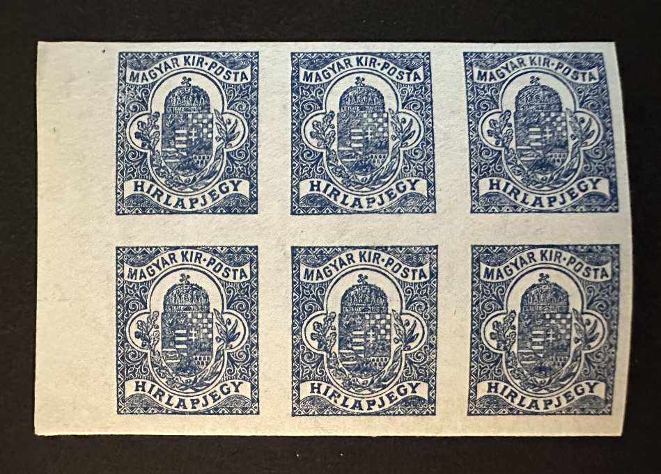 1920-22 HIRLAPBÉLYEG MAGYAR POSTATISZTA BÉLYEG 6-OS TÖMB, IVSZÉLES **