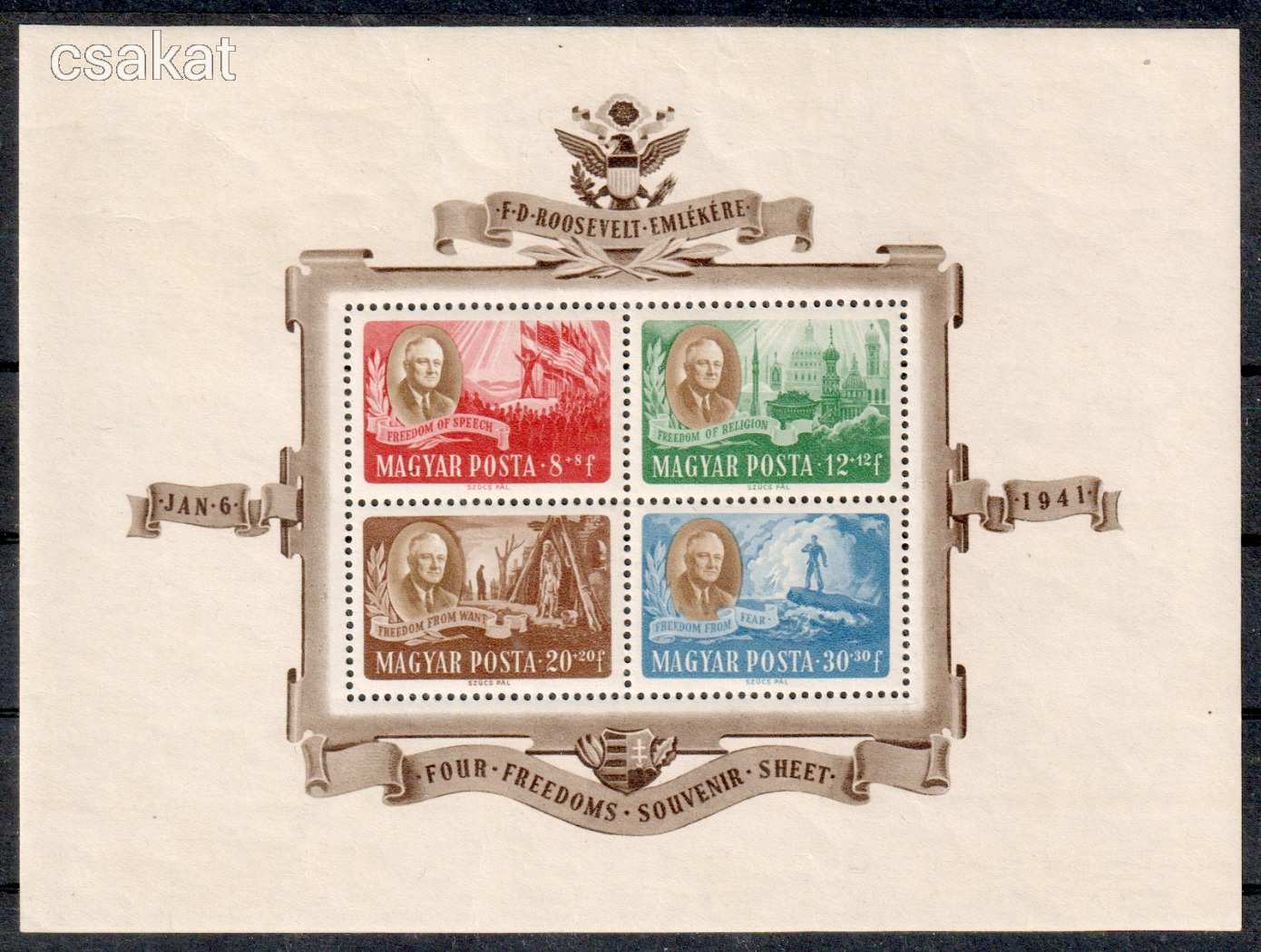 1947 ROOSEVELT blokk 1039. számú postatiszta ** MPIK 30.000 ft (d21)