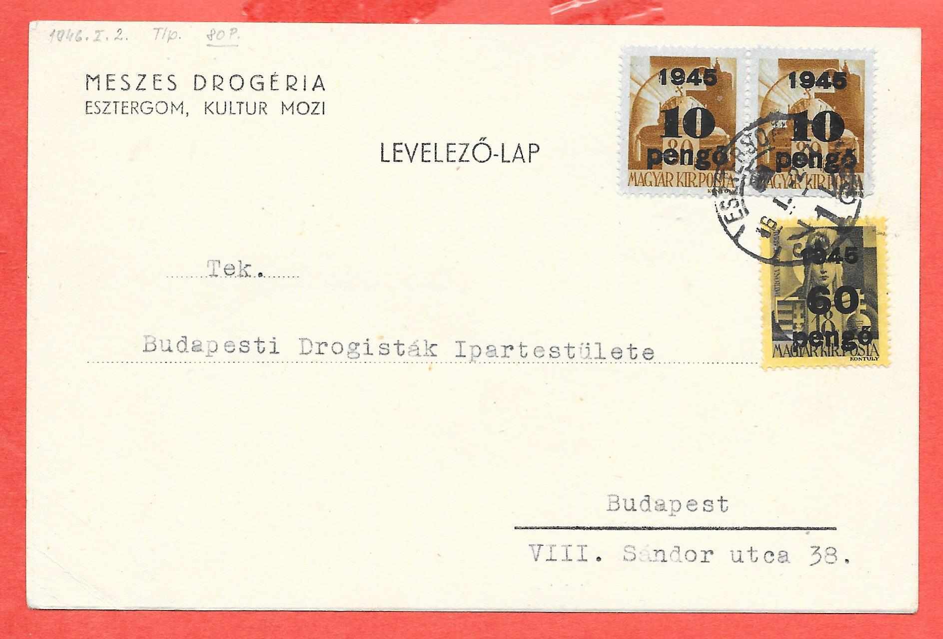 1946. I. 2. Esztergom-Bp. inflációs levlap Kisegítő II-III. bélyegekkel