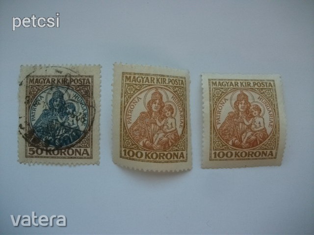 Magyar bélyeg koronás madonna hármas lyukkal 50 korona / 100 korona 1921-1925 3 db