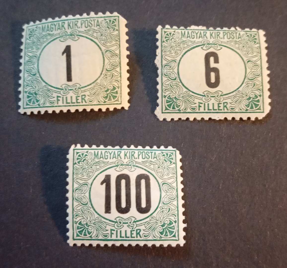 Magyarország 1903 Zöldportó A, 3 érték * falcos, 14500 Ft kat. érték, sarokhiány H