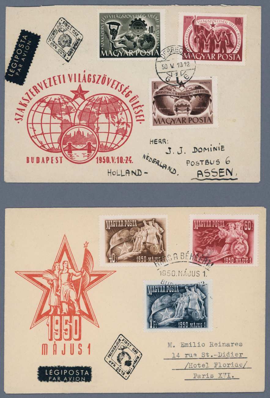 1950 május 1. + Szakszervezet IV. sorok futott FDC borítékokon PHU: 4 000 Ft (e75)