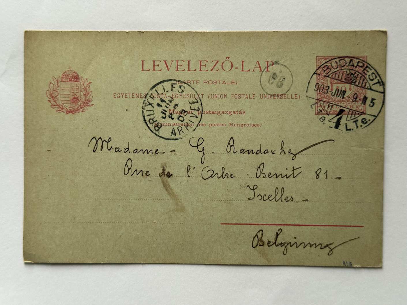 1903 Budapest–Bruxelles díjjegyes 10f levelezőlap Magyar Kir. Posta ritka 2