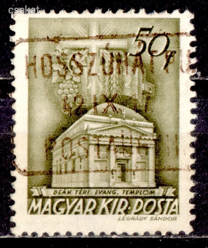 1942 Templom HOSSZÚHÁT PU. postaügynökség bélyegzés Hajdú-Bihar MPPFB PÜ40 / 200p (c66)