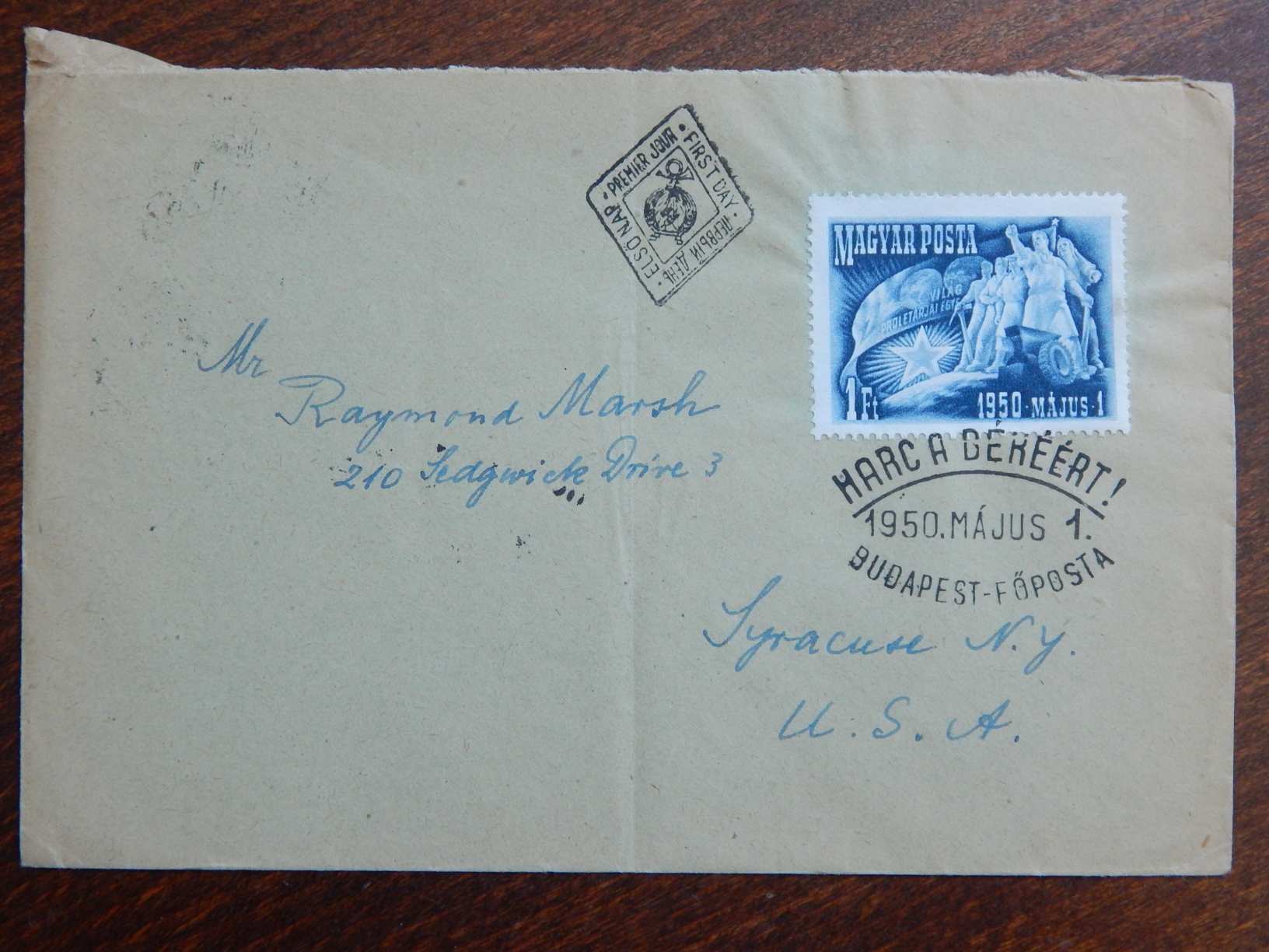 1950. Május 1. - Harc a békéért! - elsőnapi bélyegzéssel, megcímzett borítékon