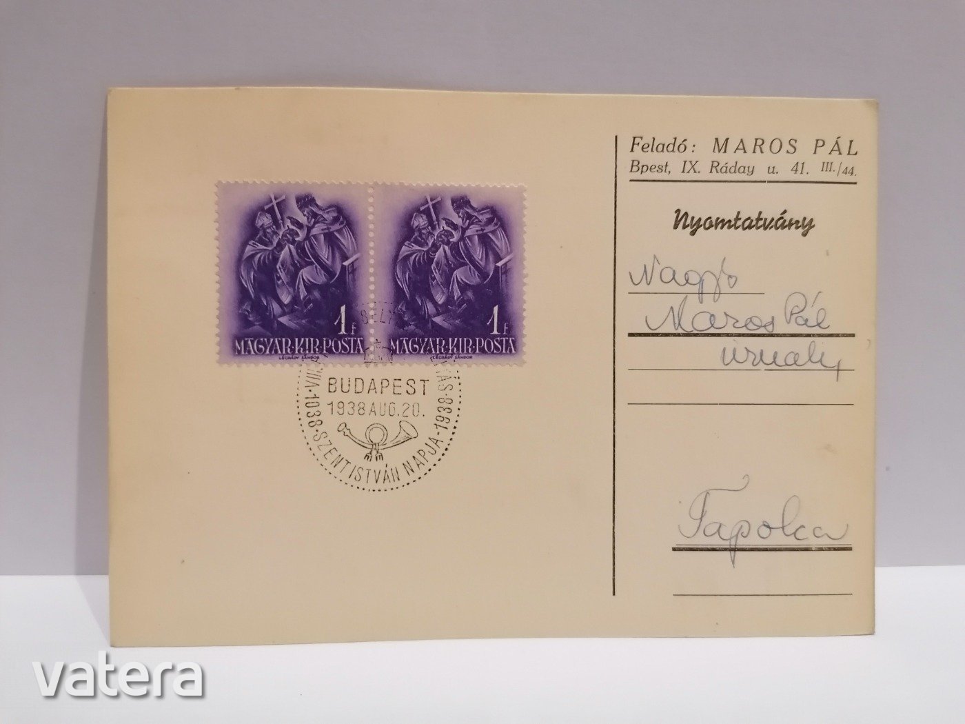 1938.Aug.20. Szent István napja első napi bélyegzés (K3)