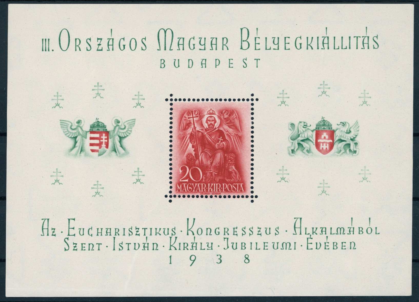 1938 ORBÉK blokk postatiszta ** szolid gumiér, jobb also saroknál hajtásnyom MPIK 7.000 ft (e49)