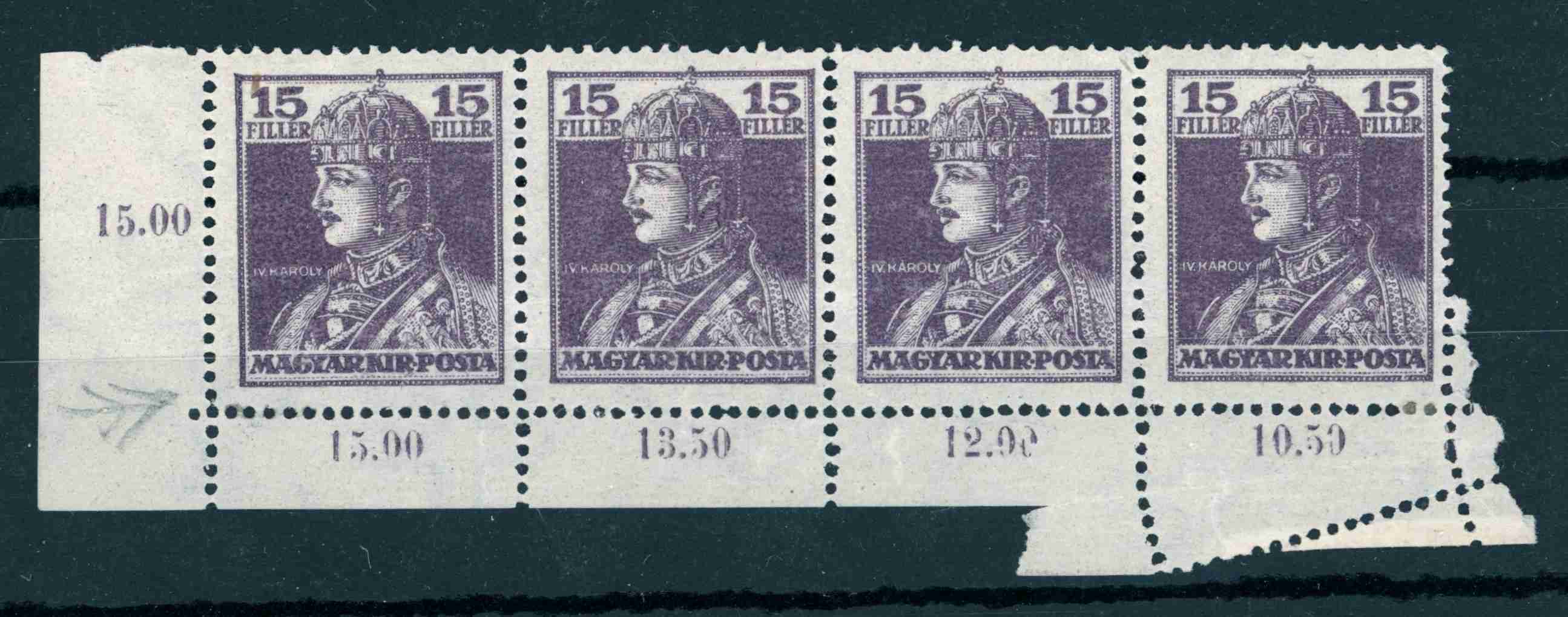 1918 KÁROLY 15 fillér látványos elfogazással az ívszélen postatiszta tévnyomat (e78)