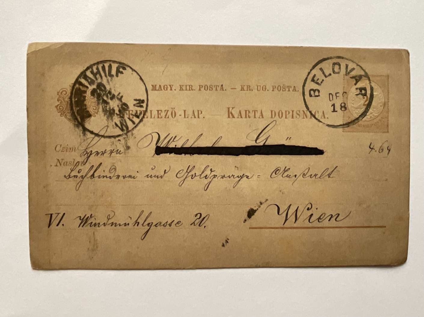 1890 Magyar Kir. Posta levelezőlap 2kr dijegyes Belovar-Wien/Mariahilf pecsét,  ritka