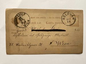 1890 Magyar Kir. Posta levelezőlap 2kr dijegyes Belovar-Wien/Mariahilf pecsét, ritka
