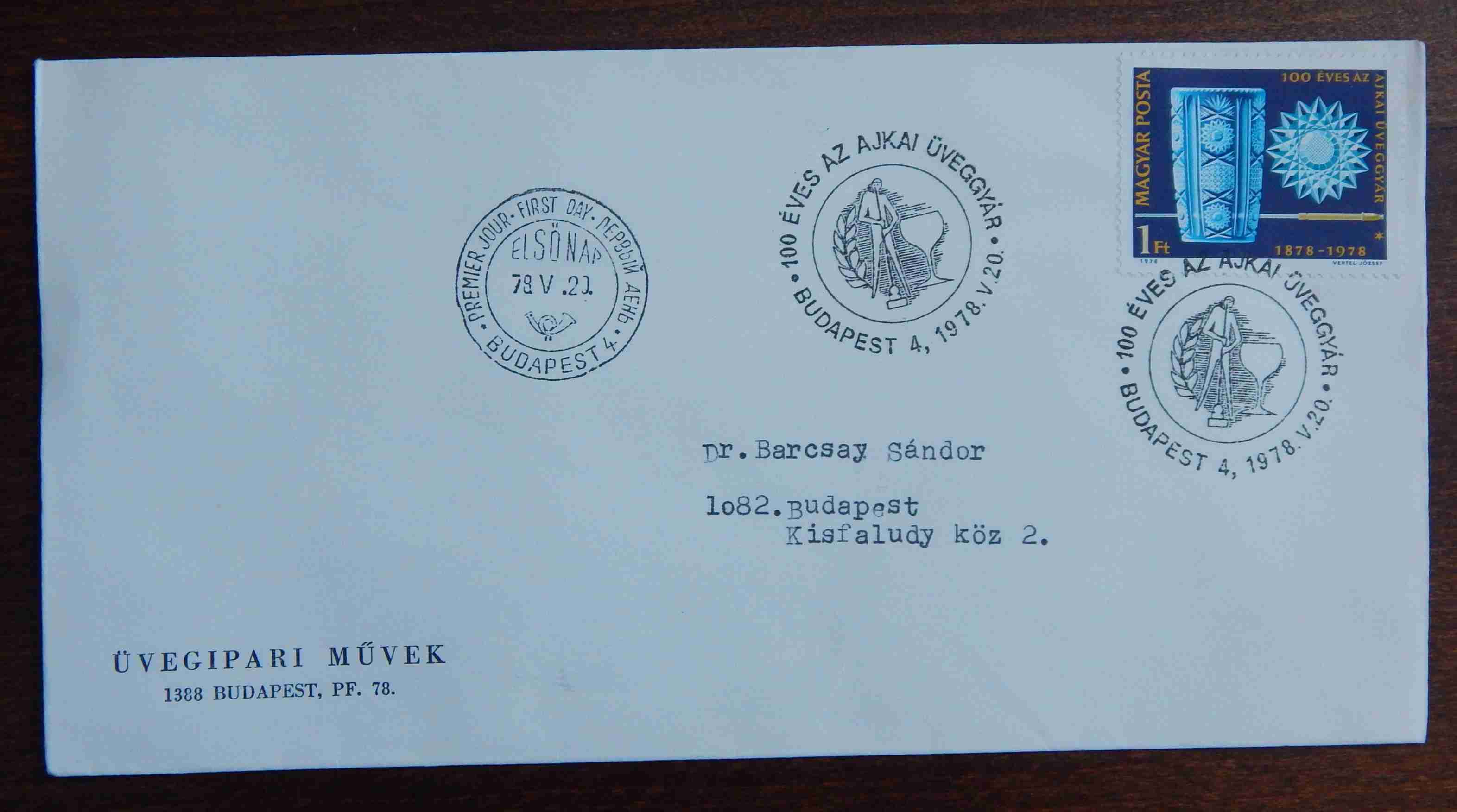 Üvegipari Művek boríték 1978. 100 éves az Ajkai Üveggyár, alkalmi bélyegzéssel