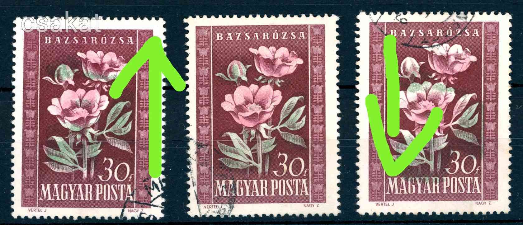 1950 VIRÁG 30f a zöld és a rózsaszín színnyomat látványos elcsúszásával - tévnyomat (e17)