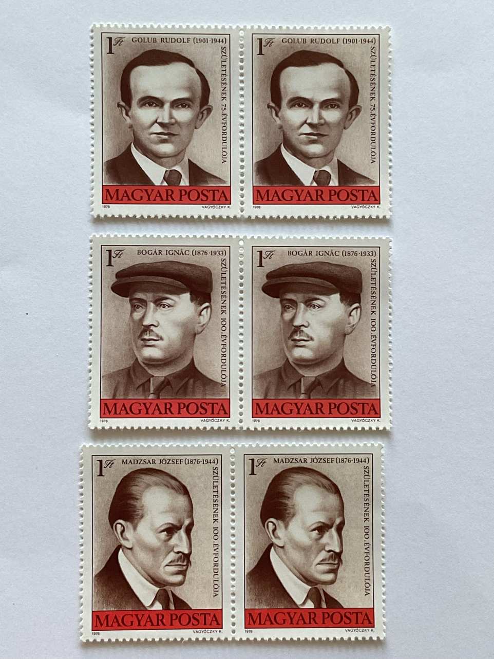 1976 Évfordulók - Golub Rudolf, Bogár Ignác, Madzsar József, 3 bélyegpár