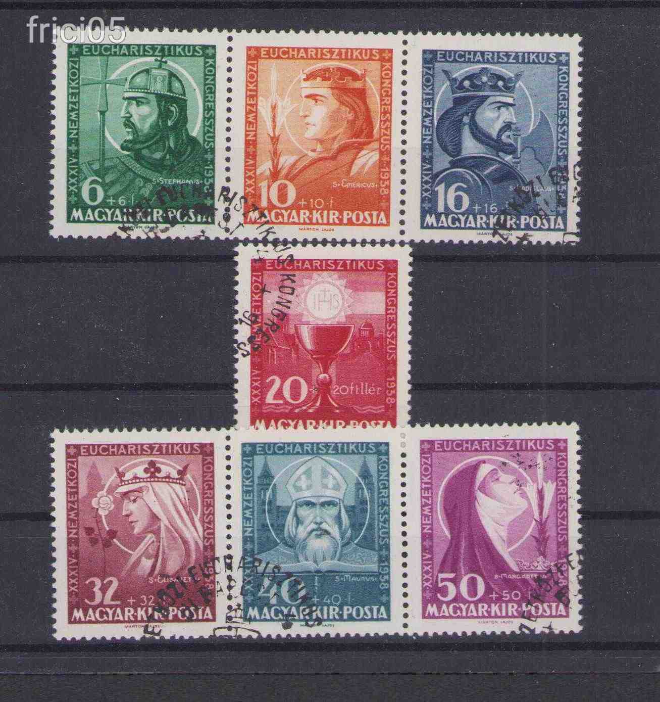 1938 Eucharisztikus blokkból a bélyegek, részben pecsételt