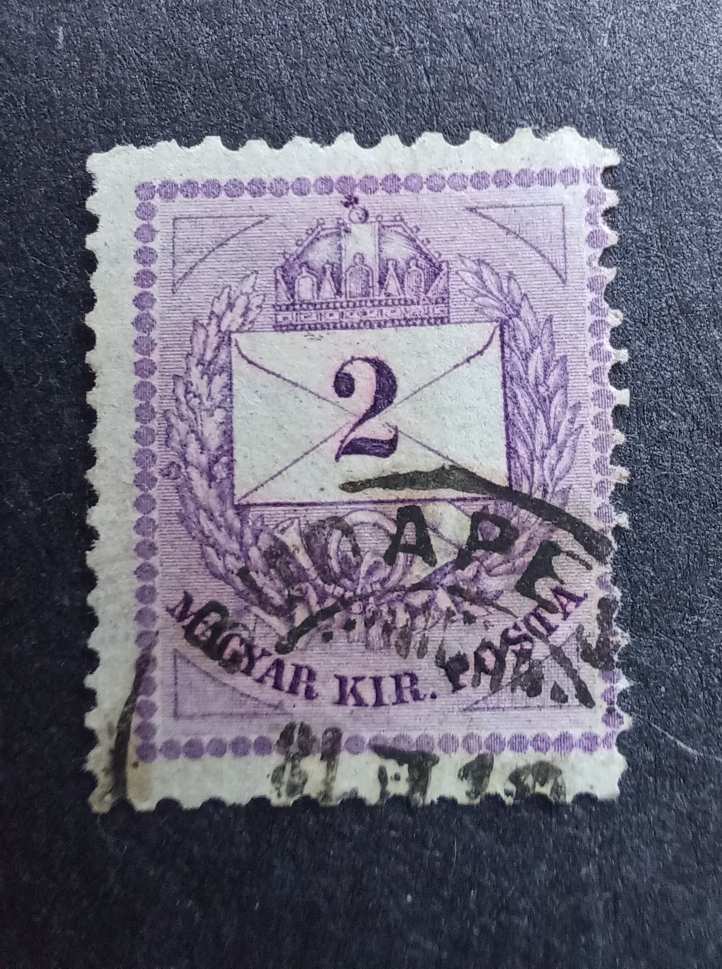 1874. Színesszámú 2 krajcár 11 1/2 × 12 1/2 erős rózsa átütő színnel, túlfestékezett