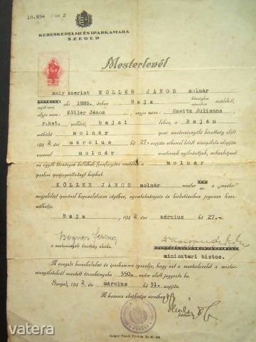 Iparkamarai Mesterlevél-molnáré-Baja 1942