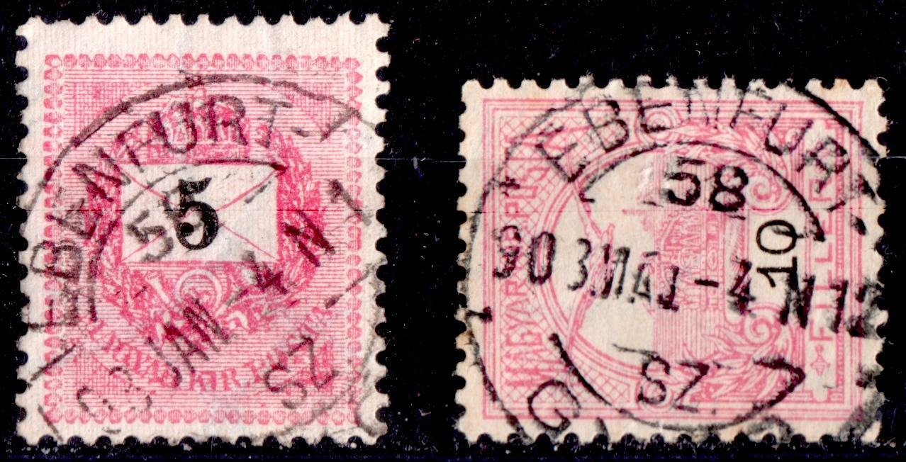 1889 feketeszámú + 1900 turul EBENFURT - GYŐR mozgóposta bélyegzés 58. számú vonal (b87)