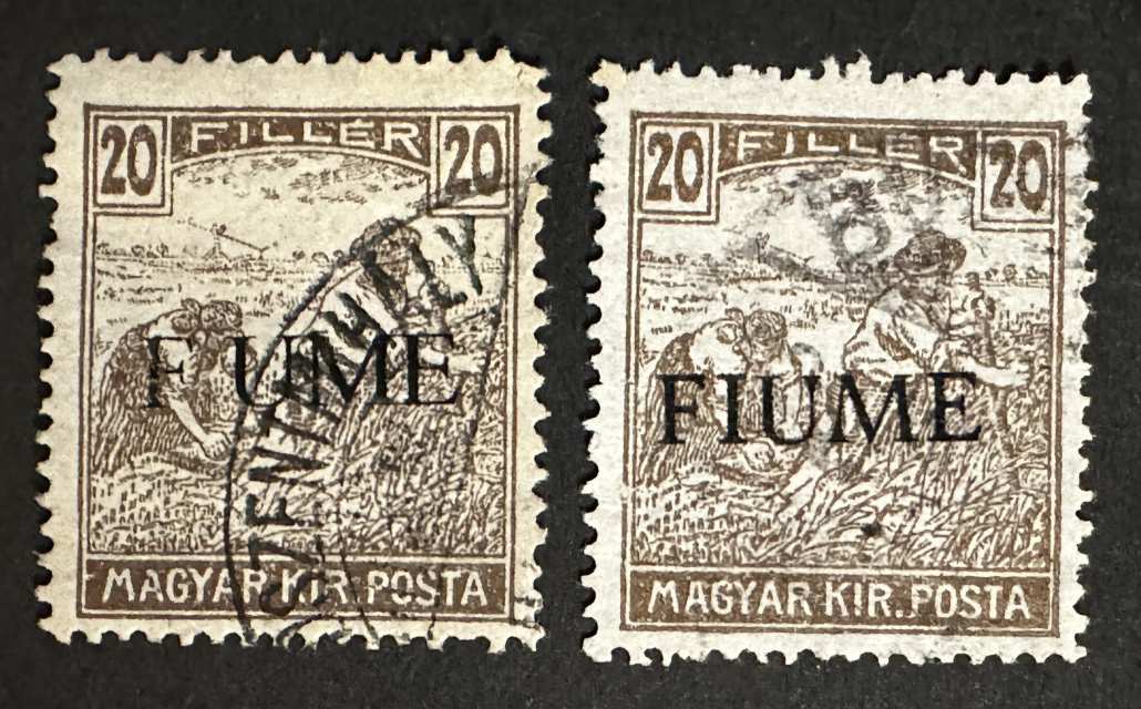 MAGYARORSZÁG 1918 FIUME OLASZ MEGSZÁLLÁS ARATÓ 20 FILLÉR BETŰHIÁNYOS TÉVNYOMAT BÉLYEG
