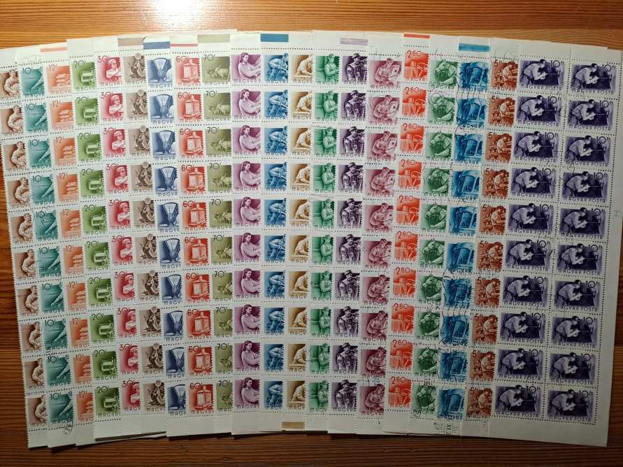 1955 Munka, 20db pecsételt sor ívtöredékekben