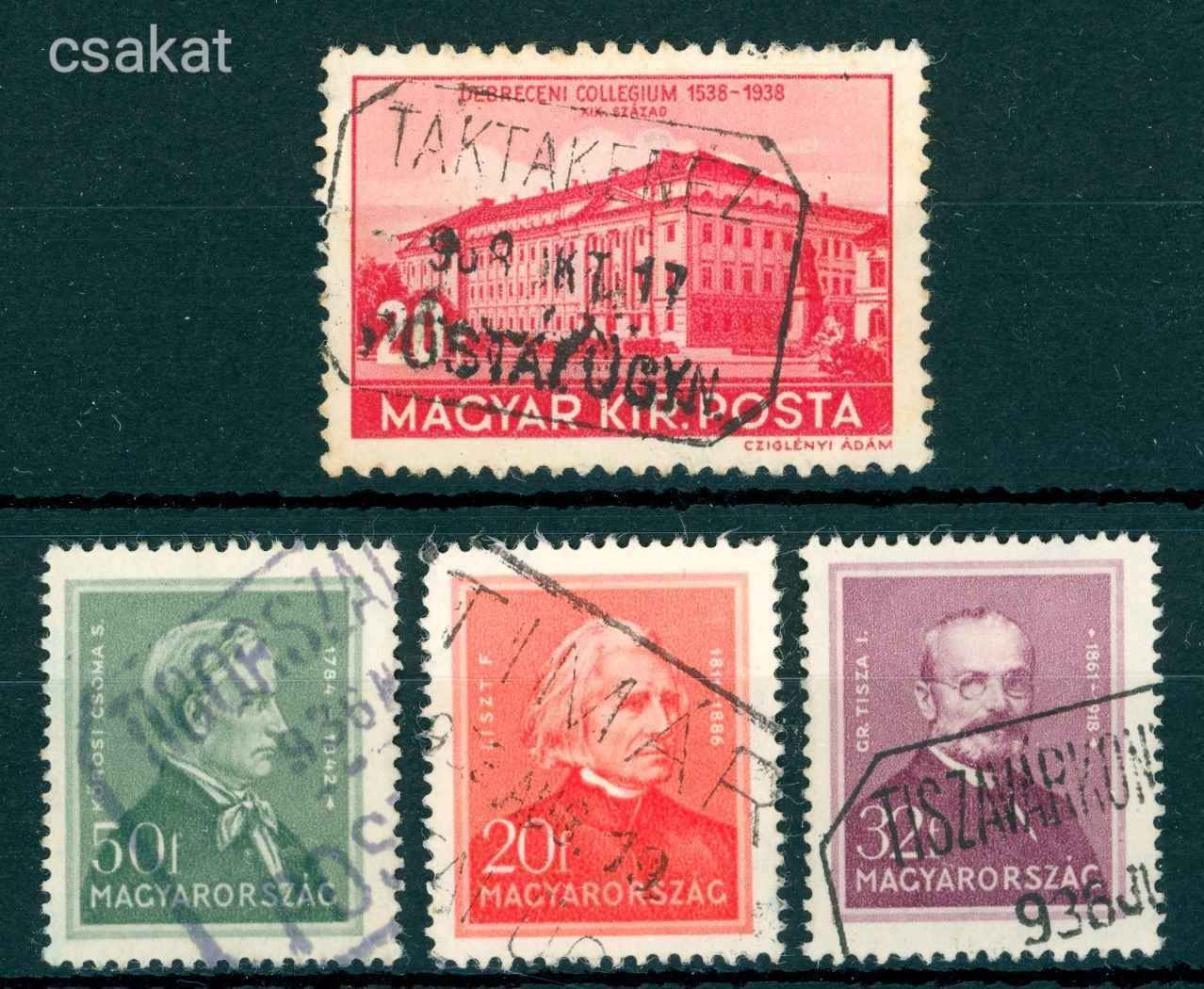 1938 postaügynökség bélyegzések TAKTAKENÉZ + TIBORSZÁLLÁS P.U. + TIMÁR + TISZAVÁRKONYI SZŐLLŐK (e03)