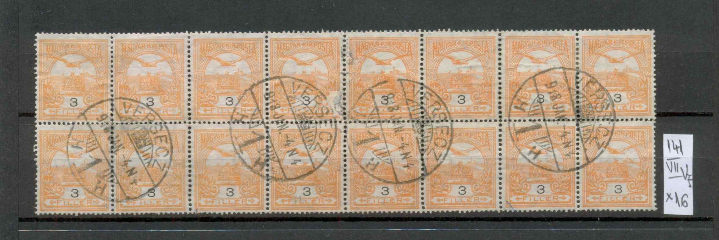 M22 - 1913 Turul 3 fillér 16-os tömb (2x8), tiszta VERSECZ pecséttel, VII. vízjel