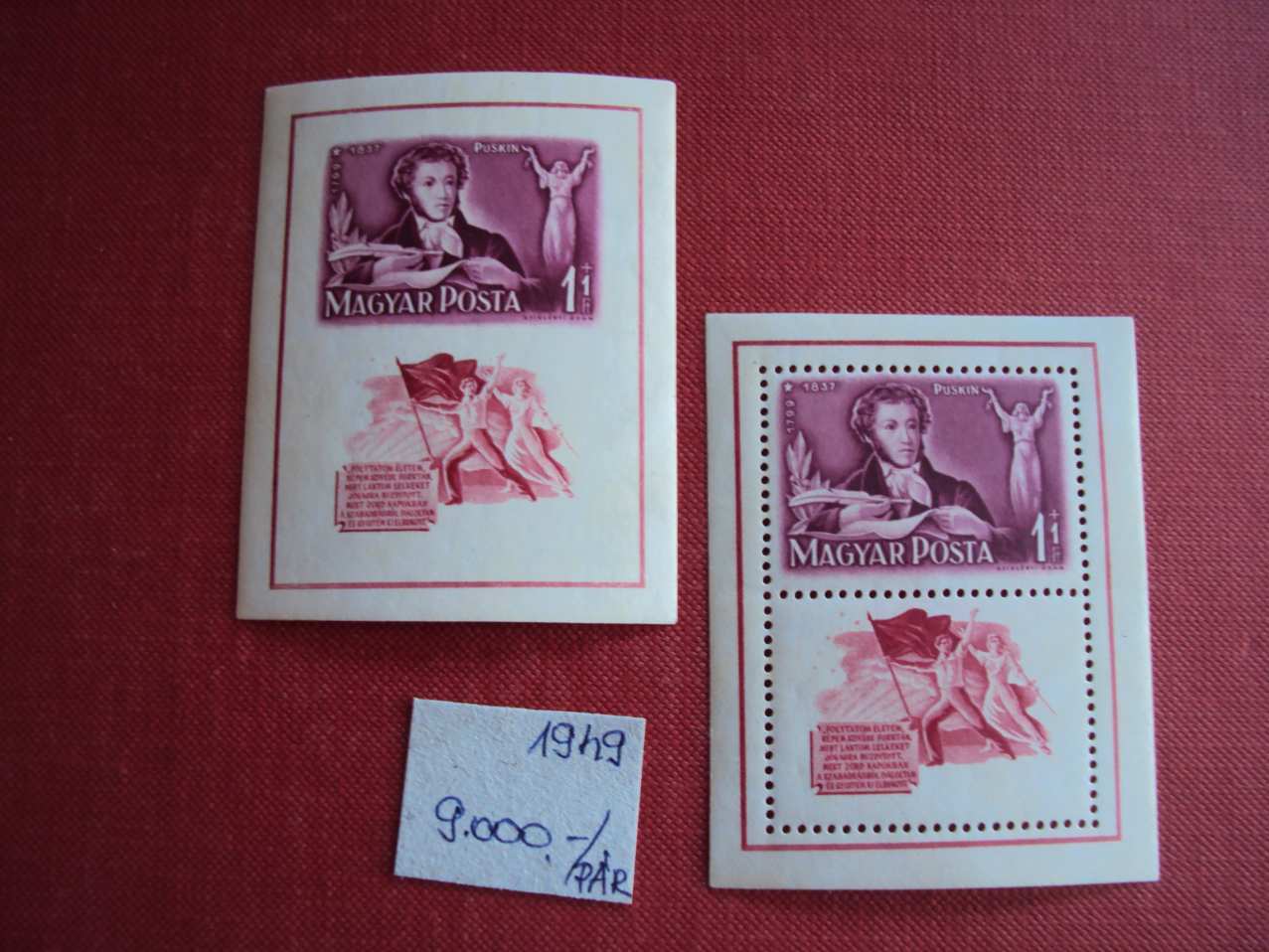1949 -Puskin-blokkpár  postatiszta  Harmadárban eladó-BAL-27